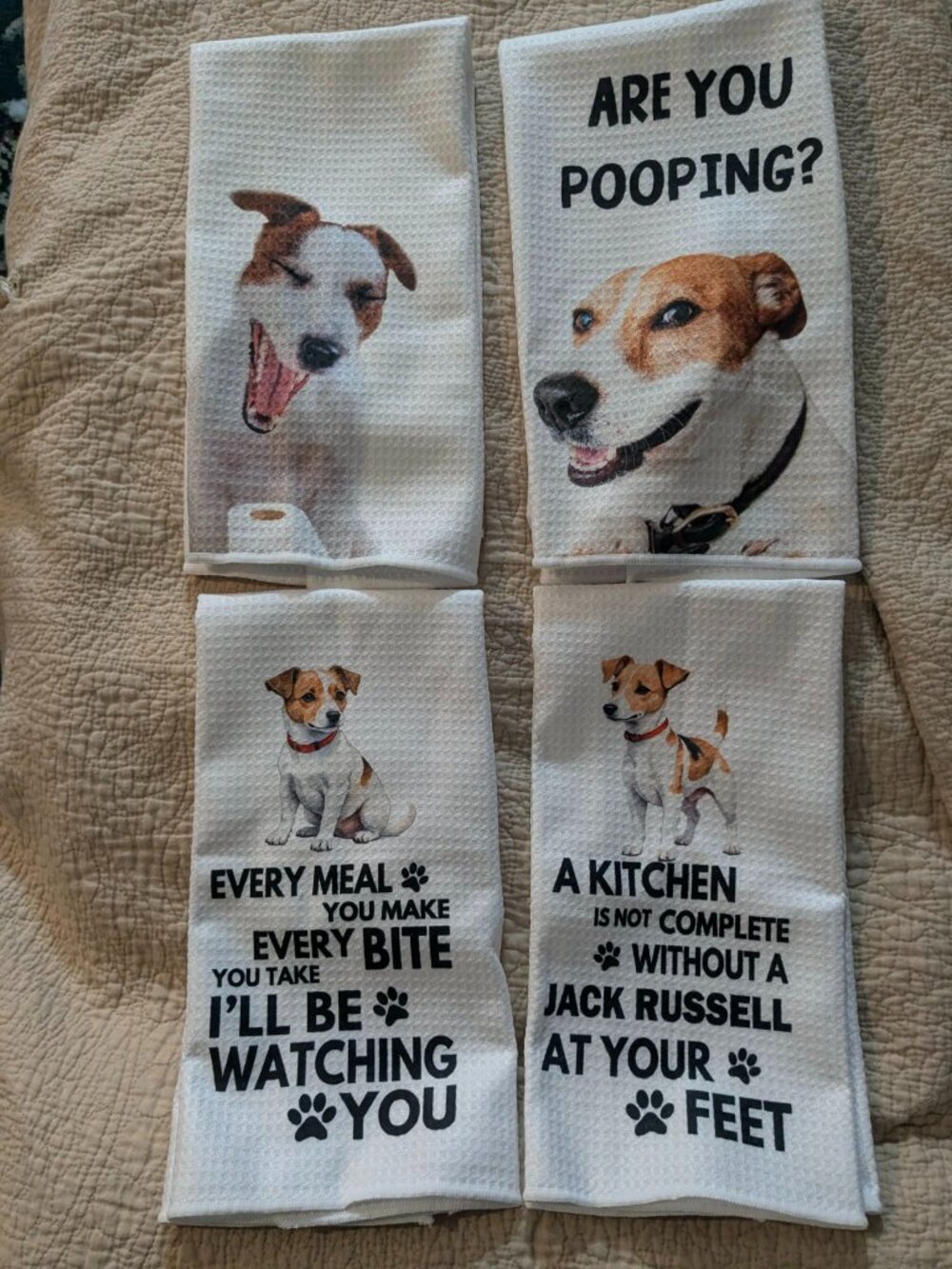 FOUR BRAND NEW Jack Russell Terrier hand towels, white waffle knit